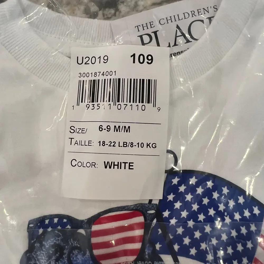 NWT Children's Place White W/4th of July Dinosaur/Flag Graphic Tee - SIZE 6-9M